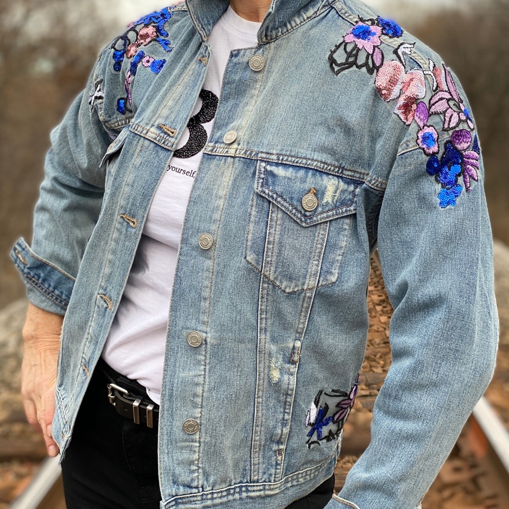 Jean blue  jacket with lace embellishments, size S